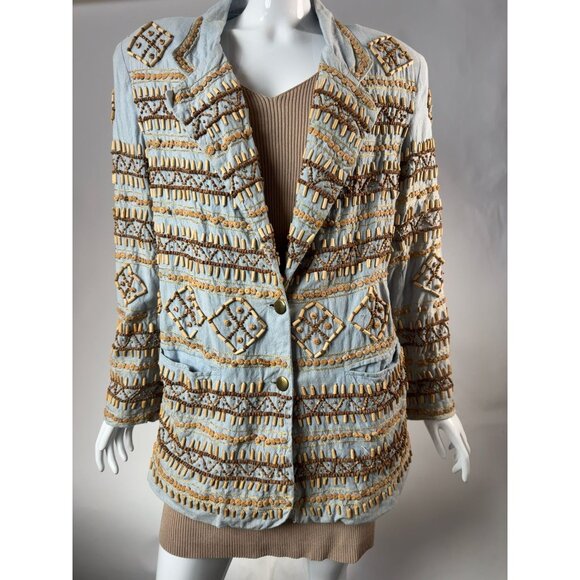 Sandy Starkman Chambray Embroidered Wood Beaded Cotton Jacket Vintage Size Large - Picture 12 of 16
